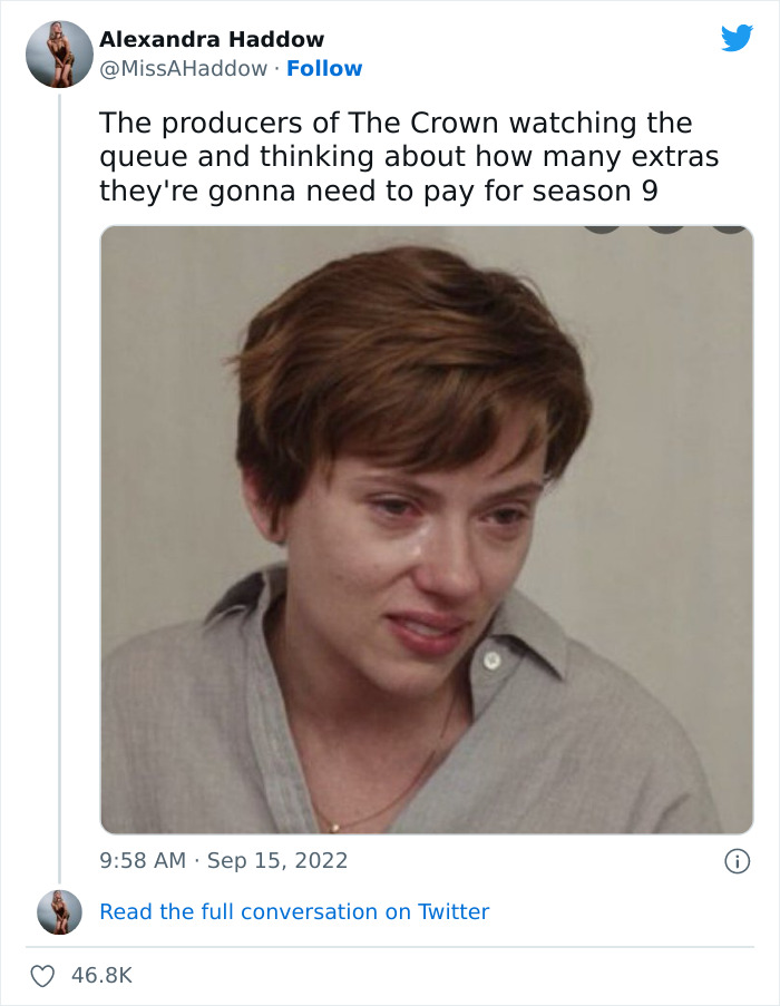 Woman with short brown hair in a gray shirt making a distressed face, meme about British queue for Queen at Westminster.