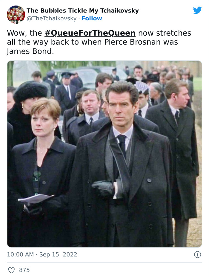 Tweet showing a scene from a movie with people in a solemn queue, referencing the British queue for the Queen at Westminster.