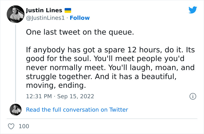 Tweet by Justin Lines reflecting on the experience of the very British queue to see the Queen in state at Westminster.