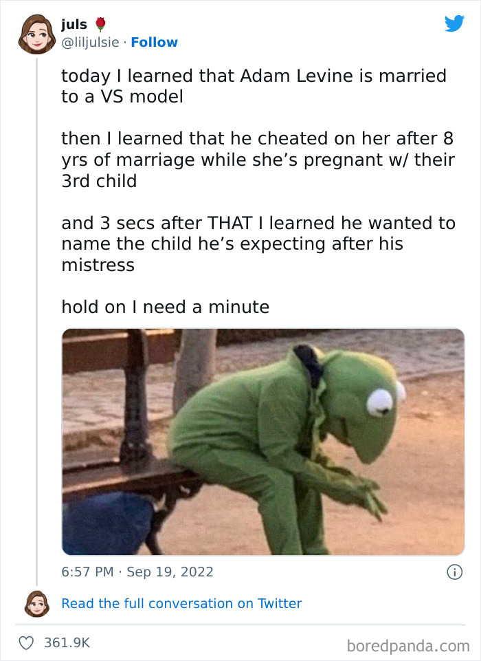 Kermit meme reaction to Adam Levine’s alleged leaked DMs in a humorous Twitter post.