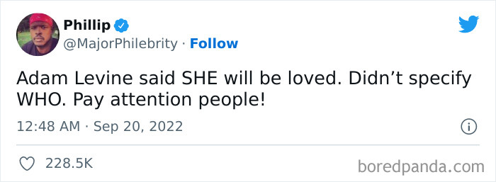 Tweet humorously reacting to Adam Levine's alleged leaked DMs, referencing song lyrics.