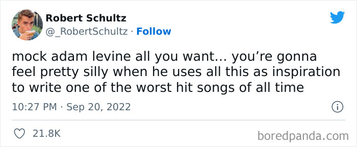 Tweet humorously reacting to Adam Levine's alleged leaked DMs, suggesting future hit song inspiration.