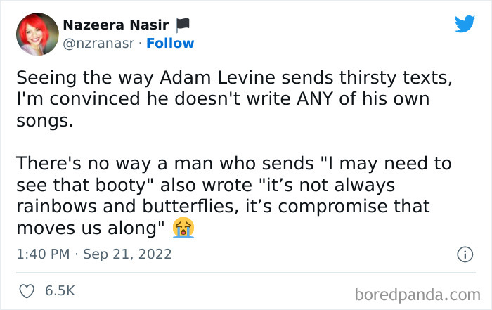 Tweet humorously reacting to alleged Adam Levine DMs, questioning his songwriting authenticity with a crying emoji.