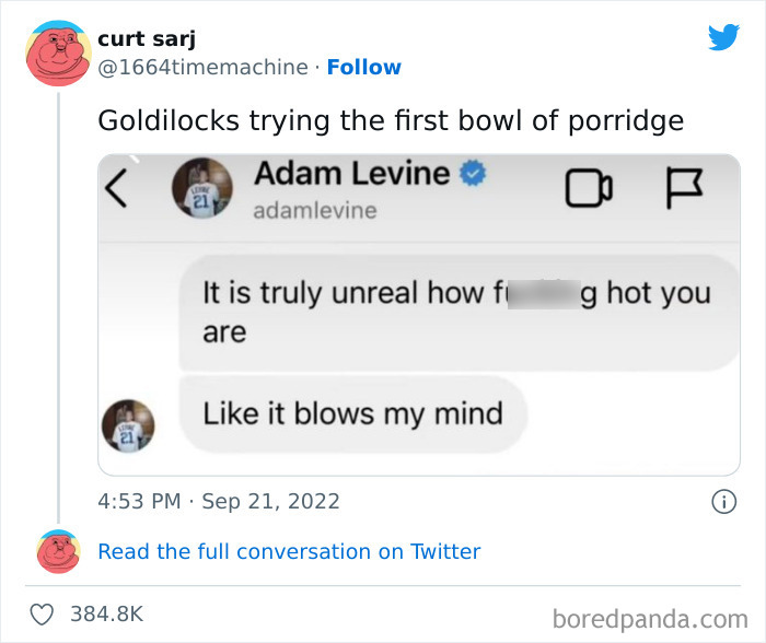 Tweet mocking Adam Levine's alleged leaked DMs with a Goldilocks joke, showing humorous reactions online.