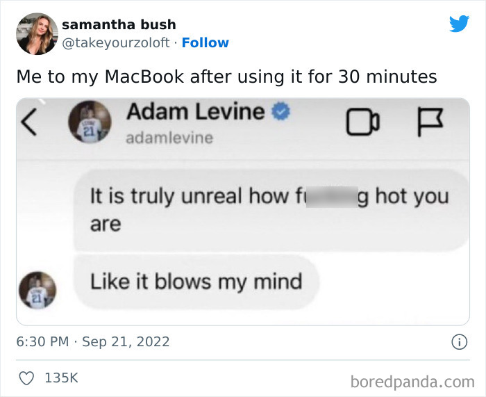Adam Levine's alleged DM meme with a humorous twist about a MacBook after 30 minutes of use.