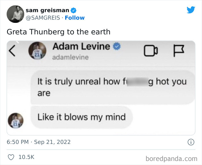 Adam Levine's alleged leaked DMs with a funny reaction meme comparing Greta Thunberg to Earth.