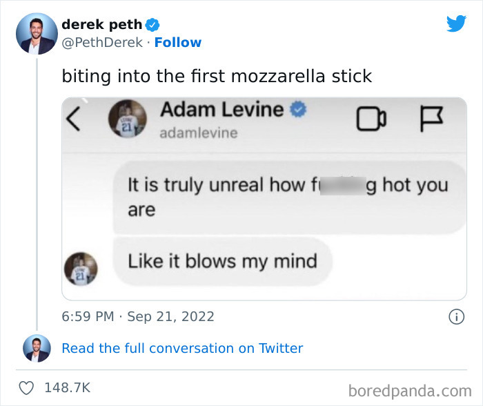 Tweet parodying Adam Levine's leaked DMs with a humorous comparison to biting mozzarella sticks.