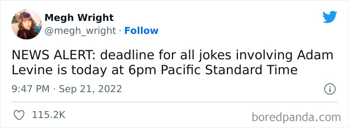 Tweet joking about Adam Levine's alleged leaked DMs with a deadline for jokes.
