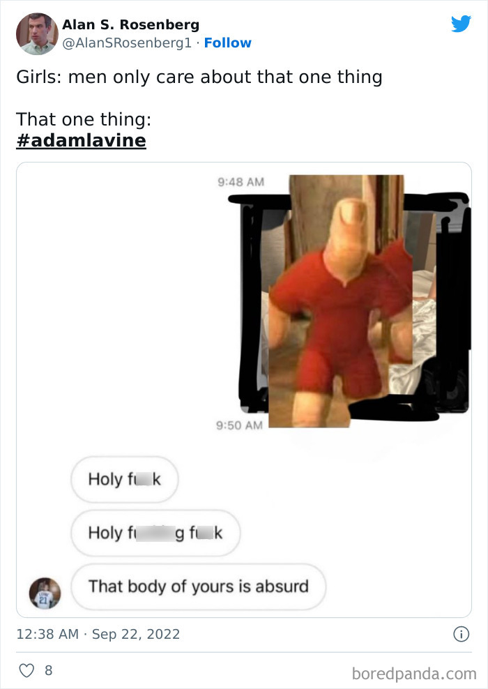 Tweet mocking Adam Levine with edited meme and alleged leaked DMs.