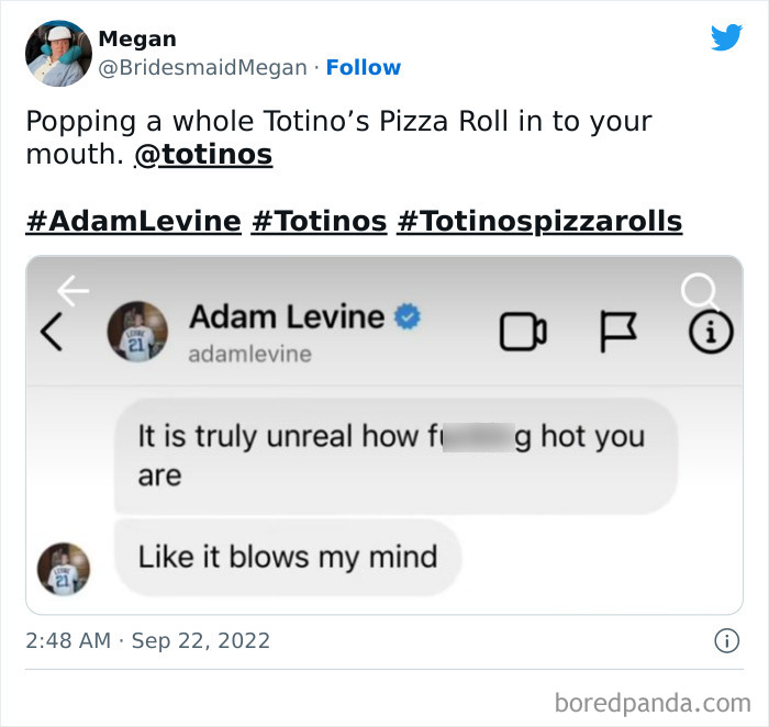Adam Levine's alleged DMs compared to eating a hot Totino's Pizza Roll in a tweet with hashtags.