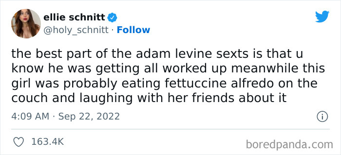 Tweet humorously reacting to Adam Levine's alleged leaked DMs about eating fettuccine with friends.