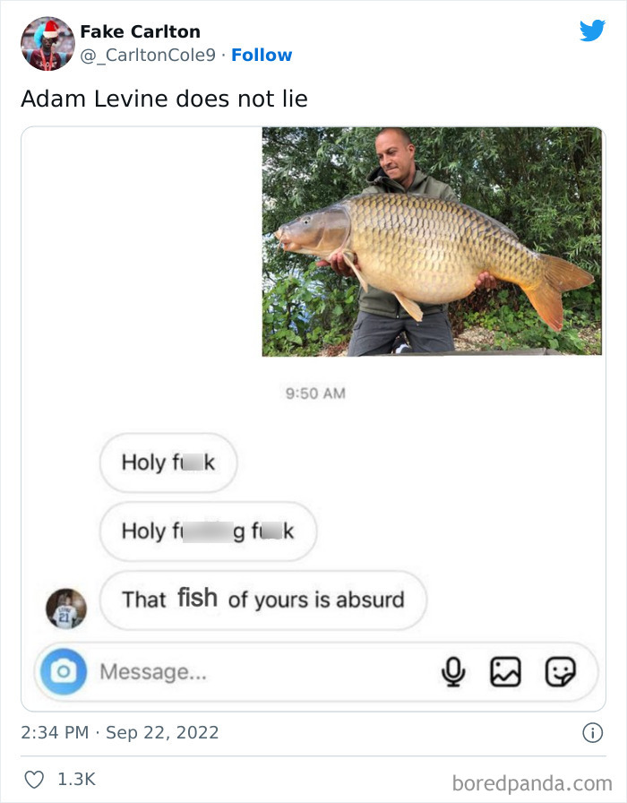 Man holding large fish with Adam Levine's alleged DM saying "That fish of yours is absurd."