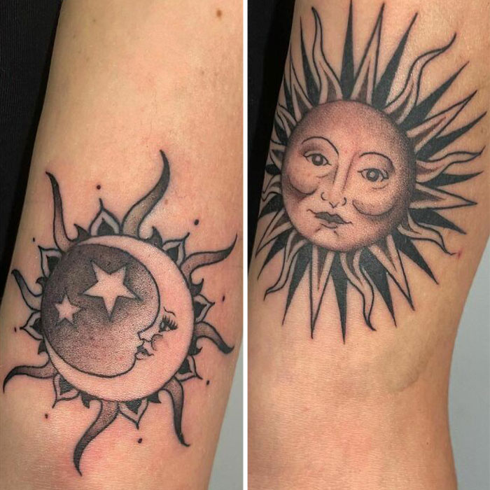 Sun and moon brother and sister tattoos symbolizing unity and completeness on arms.