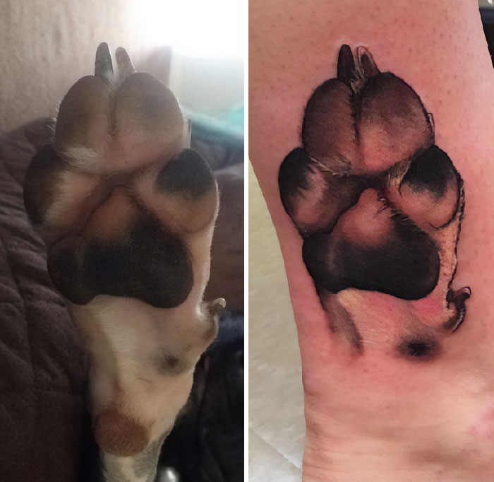 Pet tattoos: realistic paw print tattoo paired with actual dog paw comparison.
