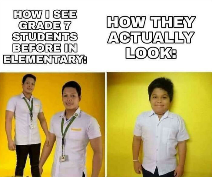 Funny school meme comparing perceived strong Grade 7 students and actual young boy in uniform.