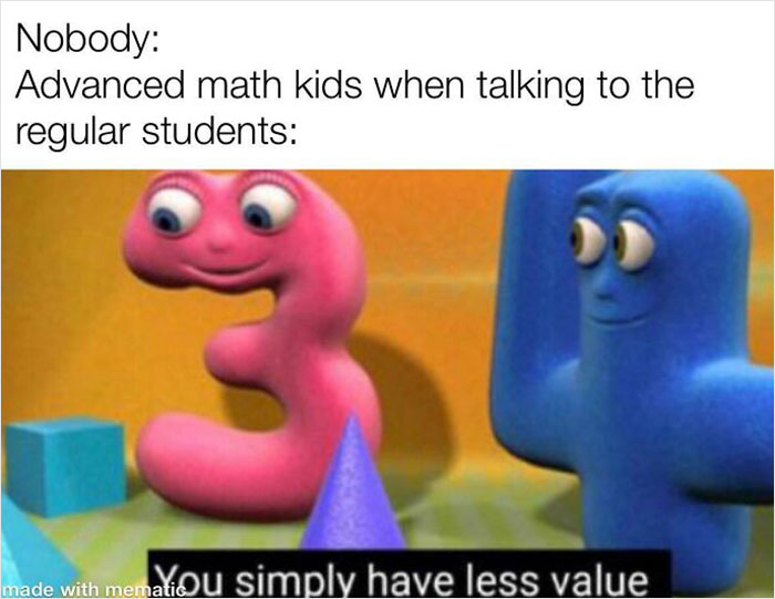 Animated school meme with numbers 3 and 4, captioned on classroom struggles and math students' attitudes.