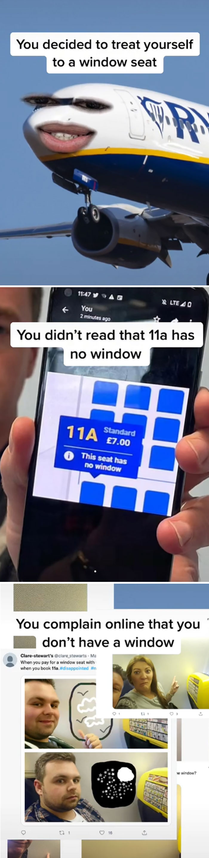 Ryanair savage roasts on social media about window seat complaints with humorous edited images and customer reactions.