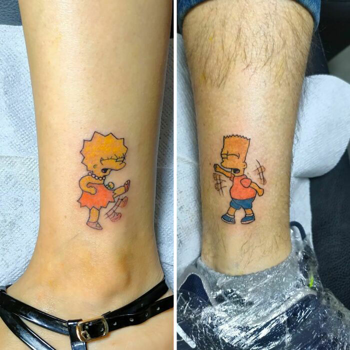 Brother and sister tattoos of animated characters Lisa and Bart on ankles, showcasing their bond.