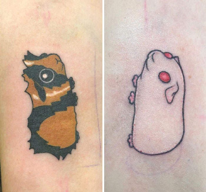 Two adorable pet tattoos featuring a guinea pig and a hamster, showcasing pet tattoo art.