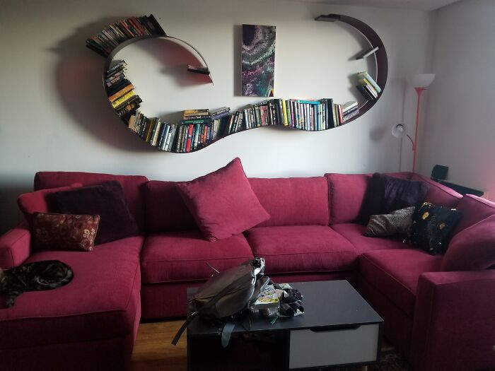 My New Couch! Complete With Pile Of Crap On The Table And 3/4 Kitteh