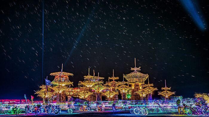 Handmade buildings and the night sky full of stars 