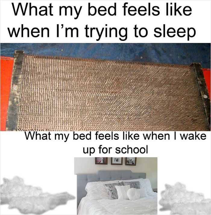 Funny school meme: Uncomfortable bed for sleeping vs. cozy bed when waking up for school.