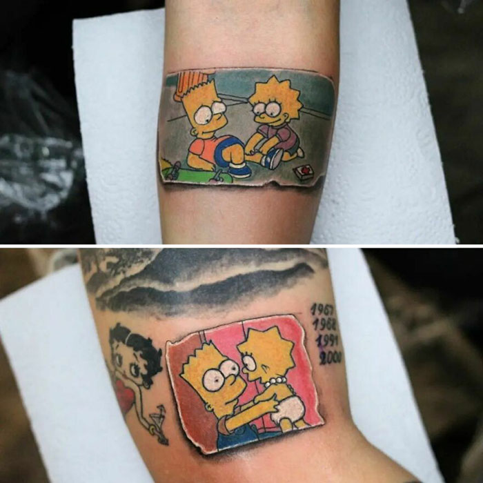 Brother and sister tattoos featuring cartoon siblings in colorful scenes on arms, illustrating sibling connection.