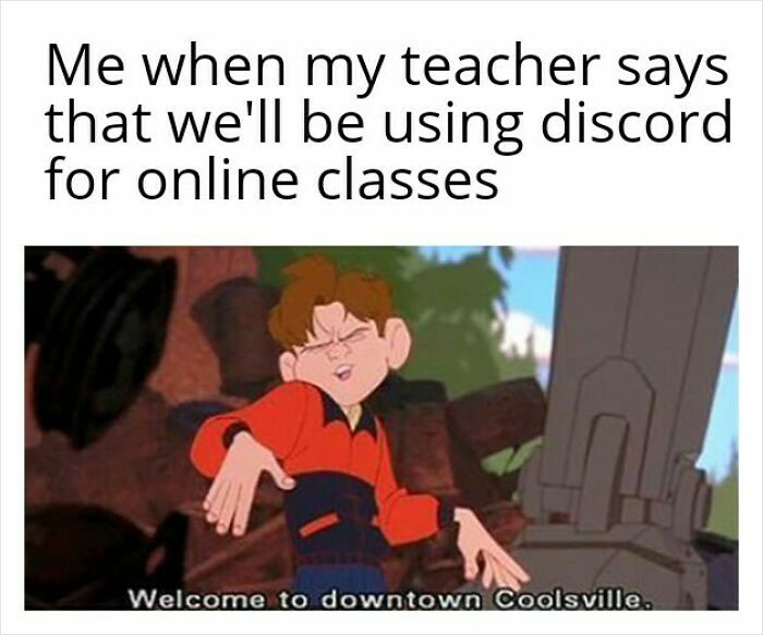 Animated character looking confident with text, "Me when my teacher says we'll be using Discord," capturing school meme humor.