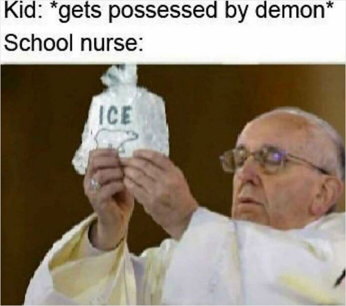Priest presenting ice as a sacred object in a funny school meme about classroom struggles.