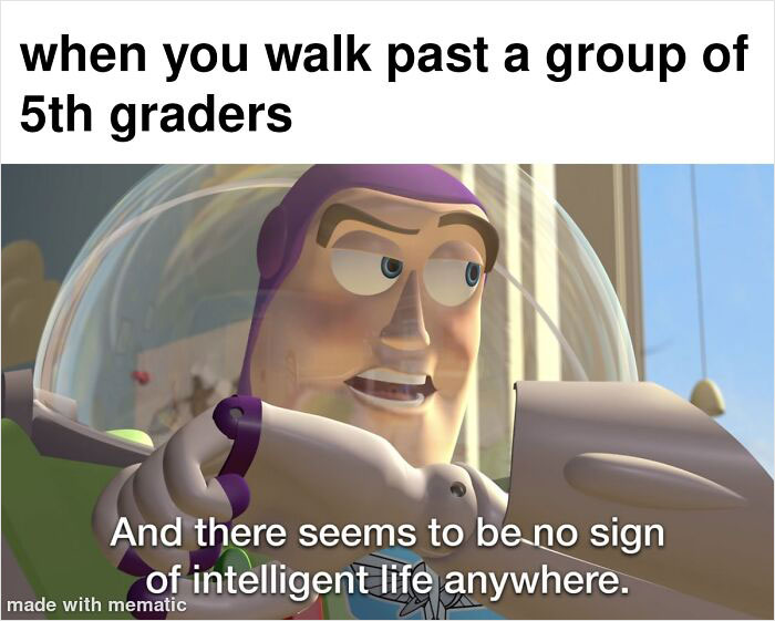 Buzz Lightyear humorously depicts school struggles with a caption about passing 5th graders, expressing disbelief.