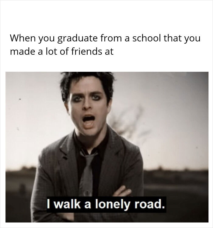 Billie Joe Armstrong meme humorously captures classroom struggles with nostalgia after graduation.