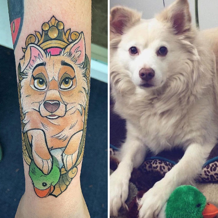 Pet tattoo showcasing a cartoon-style dog with a crown next to a matching real furry friend lying down.