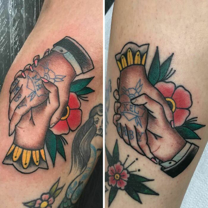 Brother and sister tattoo of clasped hands with floral background, symbolizing sibling bond and love.