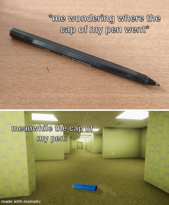 A funny school meme showing a pen without a cap and a maze-like room with the pen cap humorously misplaced.