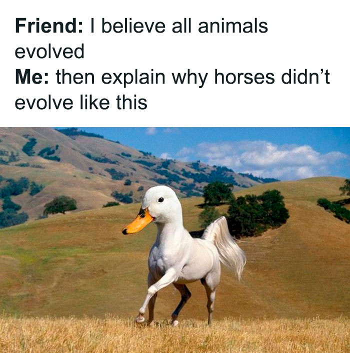 Humorous post from an online group calling out people ignoring years of science with a duck-horse hybrid image.