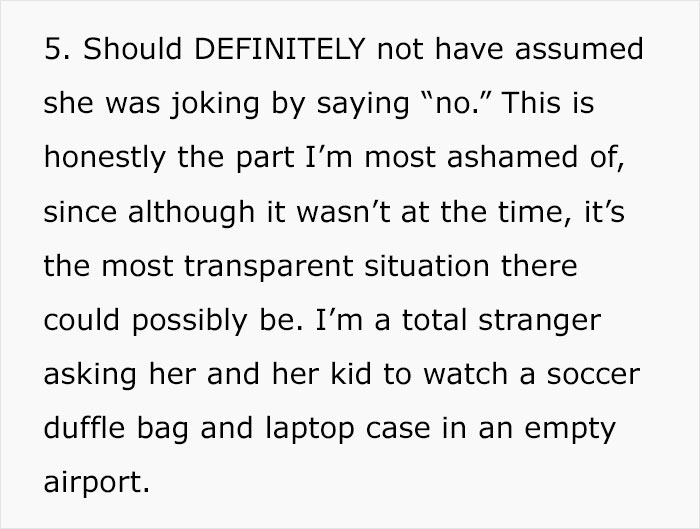 Man Is Puzzled That A Woman Turned Down His Request To Watch His Belongings At The Airport While He Uses The Restroom