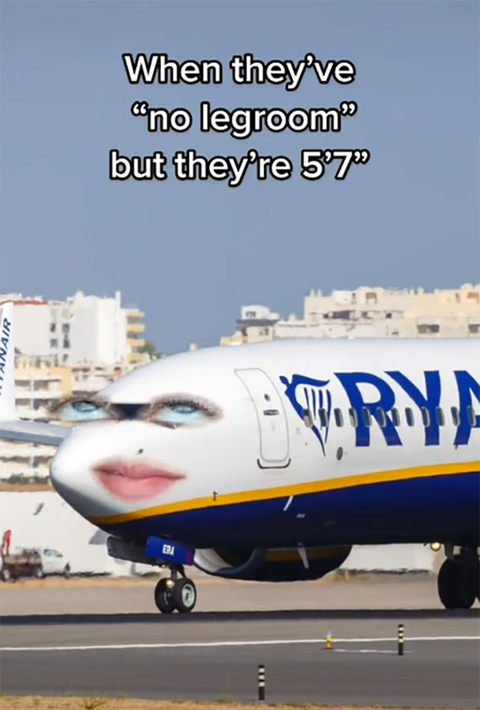 Ryanair plane with a face edited on the nose, featuring a savage roast about legroom and passenger height on social media.