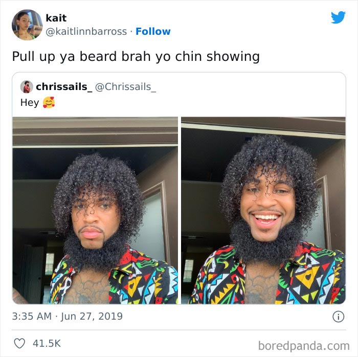 Person with unique hairstyle and beard posing in colorful shirt, showcasing a bad haircut idea.