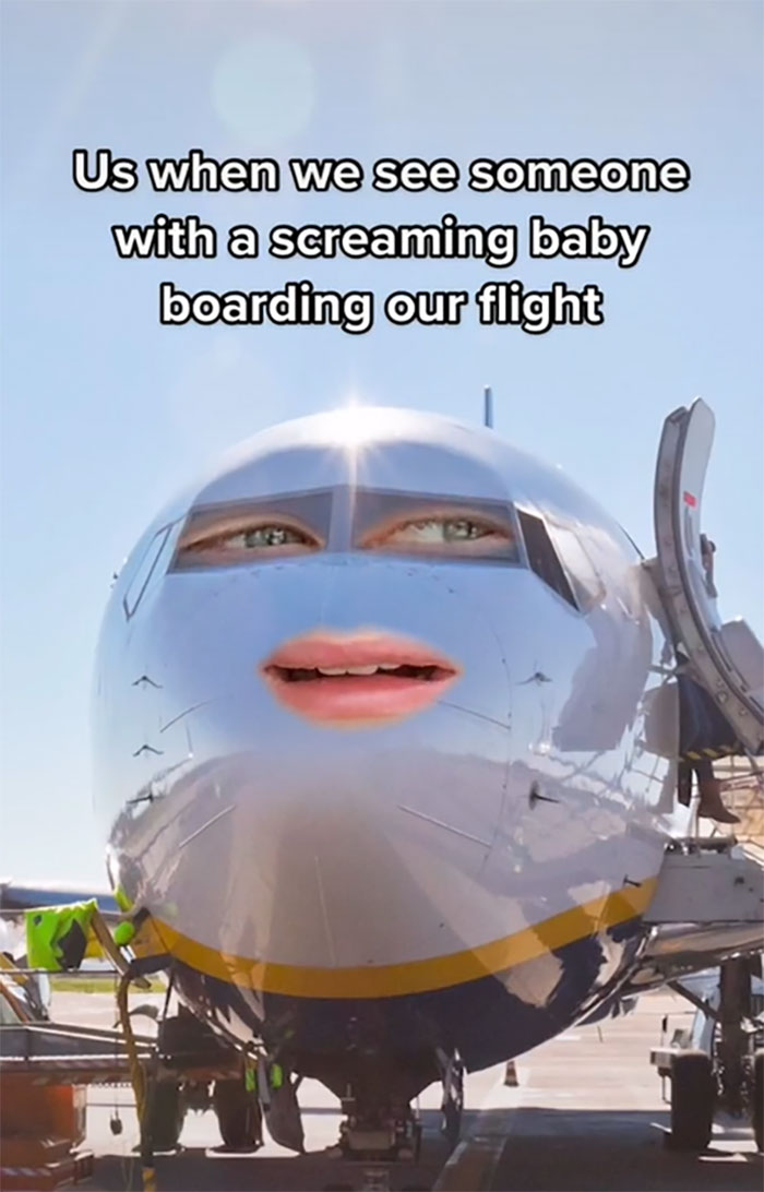 Airplane with human eyes and mouth edited on the nose, caption about reacting to a screaming baby on board, savage roasts from Ryanair social media.