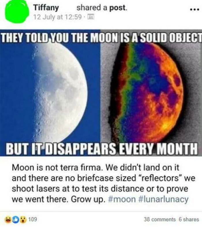 Screenshot of a social media post doubting the moon's solidity and moon landing, highlighting science skepticism online.