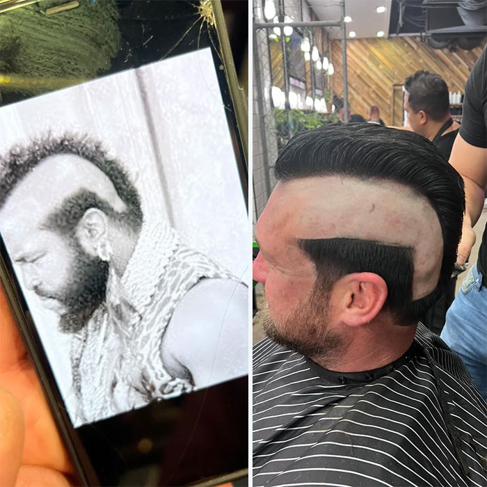 Man with a bad haircut modeled after an image on a phone, showcasing unusual side pattern in a barbershop setting.