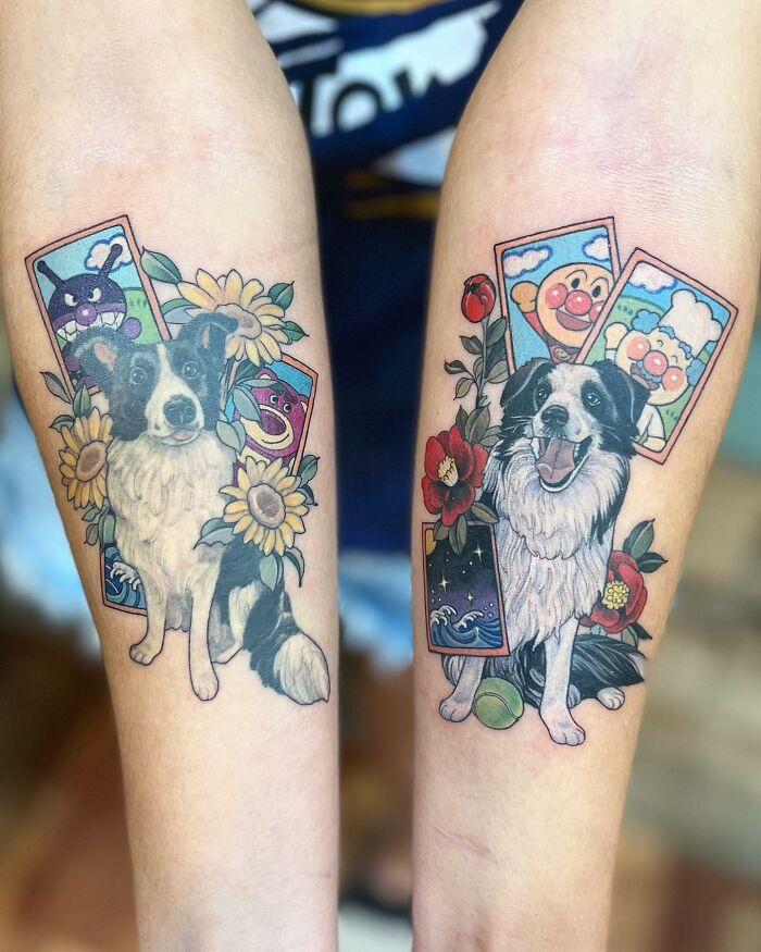 Pet tattoos on forearms featuring colorful dog portraits, sunflowers, and whimsical backgrounds.