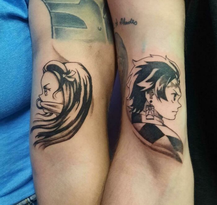 Brother and sister tattoos featuring matching anime characters on forearms, symbolizing connection and unity.