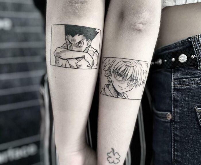 Anime character BFF tattoo on two forearms, showcasing friendship and matching designs.