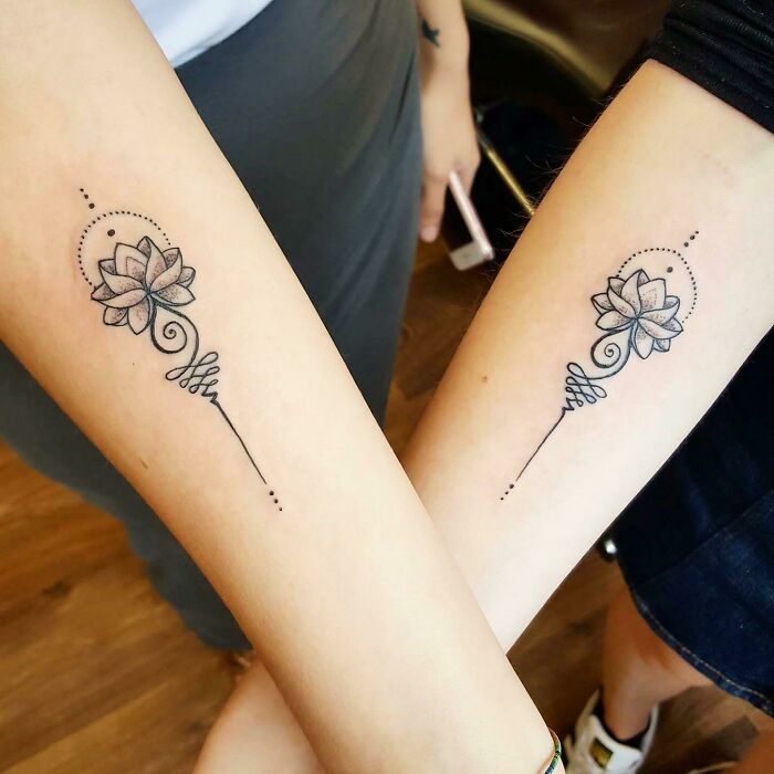 Matching lotus flower tattoos on forearms symbolize friendship and togetherness.