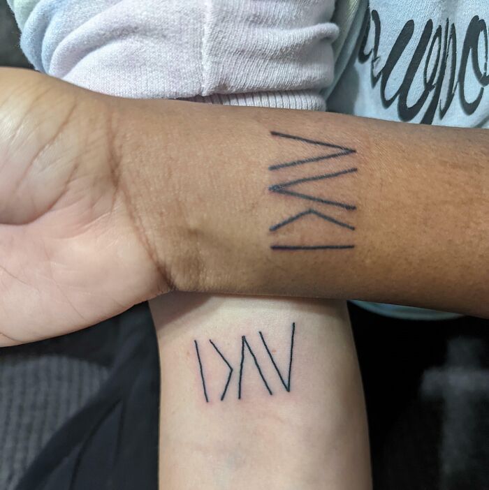 Matching minimalist BFF tattoo designs on inner wrists, symbolizing friendship.