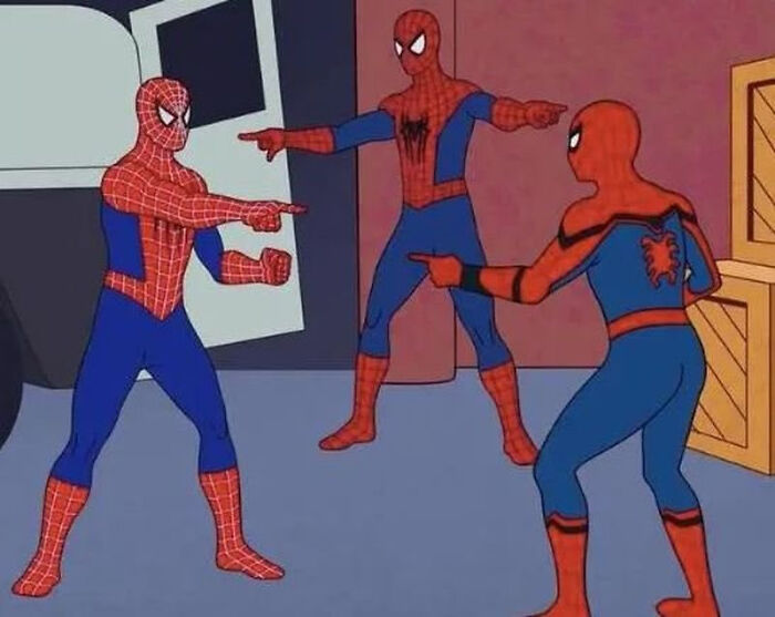 Three Spider-Men pointing at each other with caption about school meme, capturing classroom struggles and group confusion.