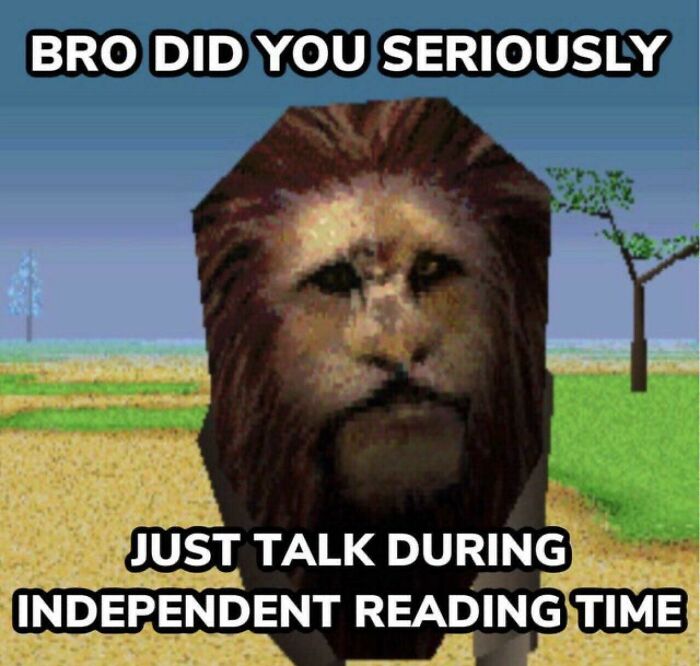 Pixelated lion with stern look in school meme, text humorously questions talking during independent reading time.