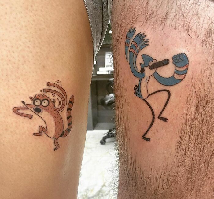 BFF tattoos featuring cartoon characters on two people's legs, symbolizing friendship and shared adventures.