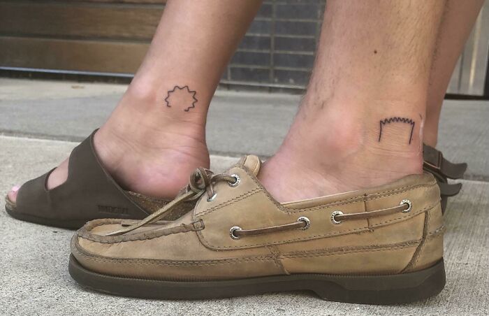 Small brother and sister tattoos on ankles, featuring simple puzzle piece and saw design.